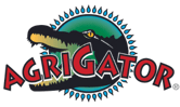 AgriGator Inc logo - stylized red text in front of alligator image.